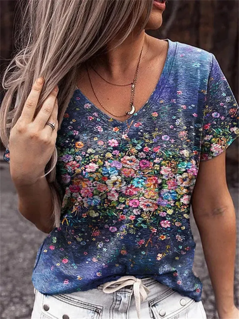 

Summer Casual Short Sleeve Women's T-Shirt Floral Print Street Loose T-Shirt Plus Size Top Pullover V7250