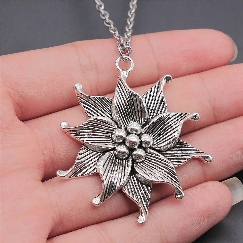 

Vintage Antique Silver Plated 50x45mm Big Spiral Flowers Pendant Necklace For Women Men Long Chain Trendy Jewelry Accessories