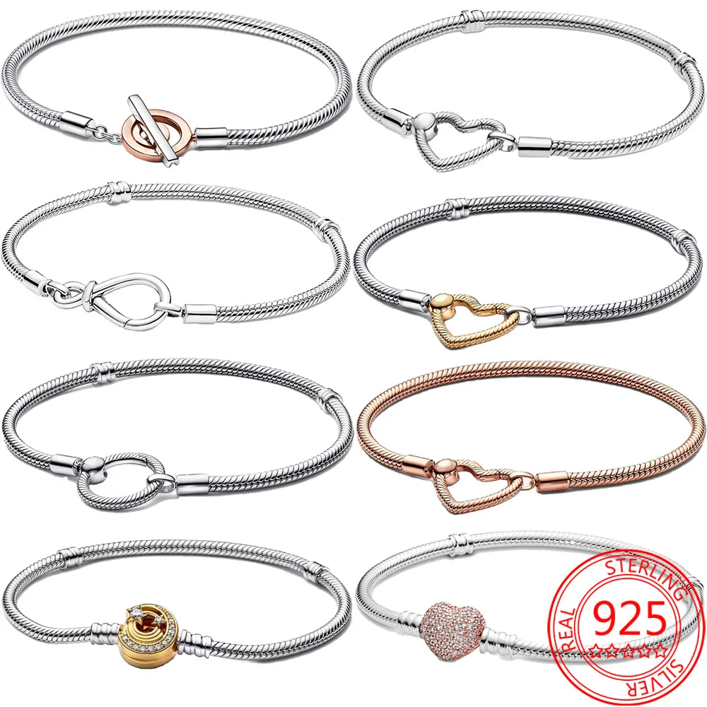 

Authentic S925 Sterling Silver Classic Moment Bracelet Sparkling Star Round Heart Shaped Clasp Pavé Bracelet Girl Jewelry Gift