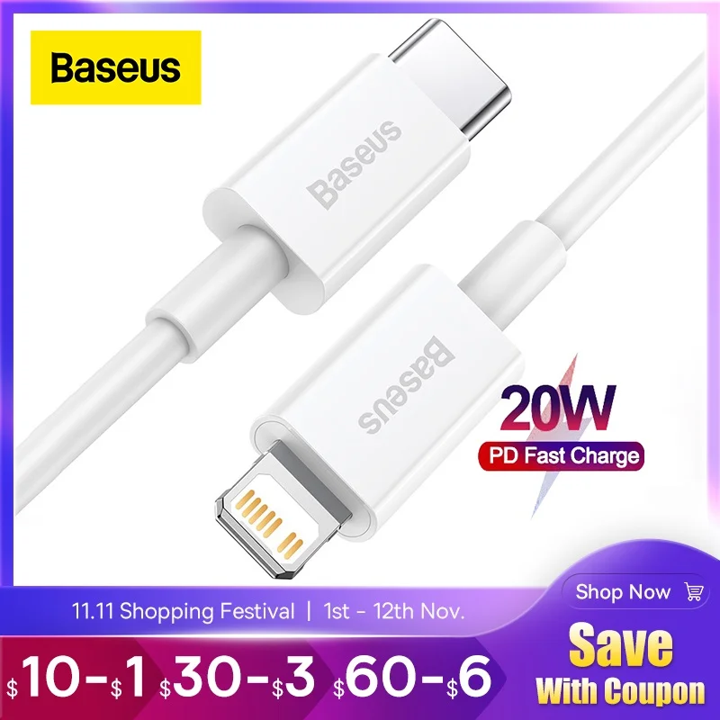 

Baseus 20W Type C Cable forx iPhone 12 11 Pro Max Fast Charging Cable for iPhone 8x X XR USB Data Phone Charge