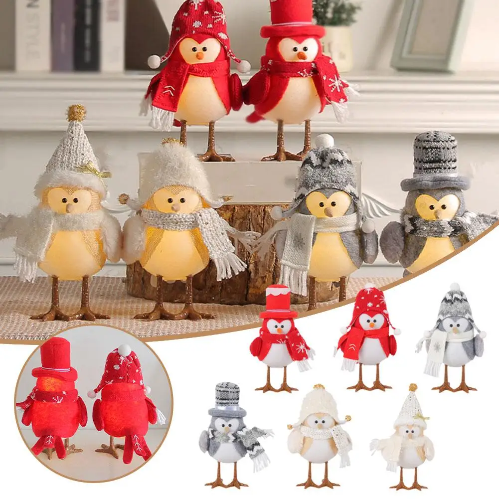 

Christmas Glowing Bird Knitted Plush Scarf Hat LED Up Light Decoration Party Desktop Doll Home Christmas Supplies Merry Y1W8