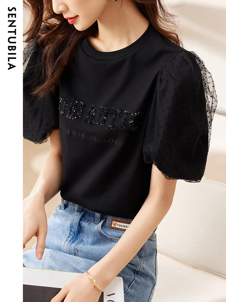 

Sentubila Summer Black T Shirts Women 2023 Fashion Casual Tees Gauze Short Puff Sleeves O-Neck Embroidery Tshirt Basics Tops