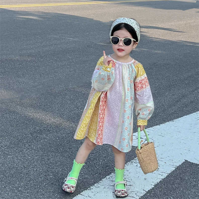 

Girls Dress 2023 Autumn New Korean National Style Retro Loose Floral Long-sleeved Princess Dress