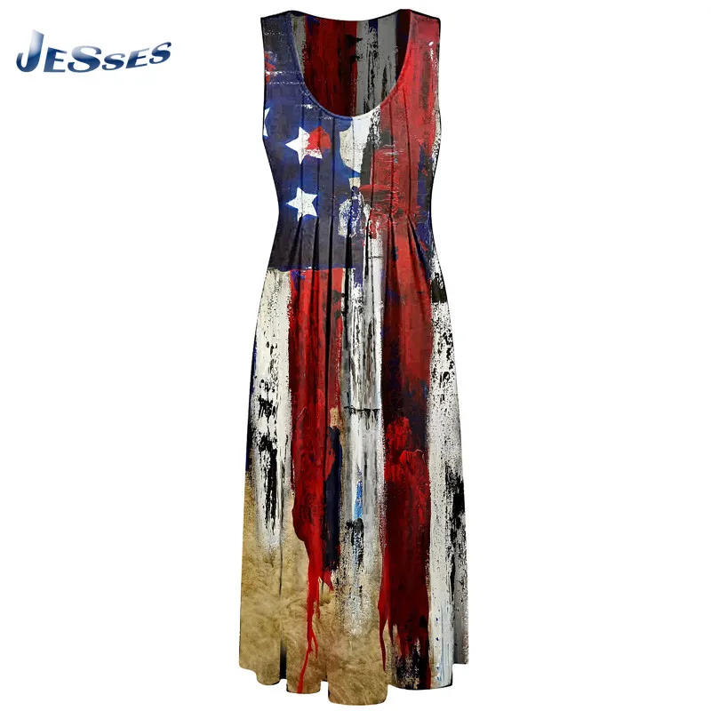 

Amerian Flag Printed Tank Dresses Women Summer Sleeveless Beach Dress 2021 O Neck Casual Boho Sundress Lady Dresses Vestidos 2XL