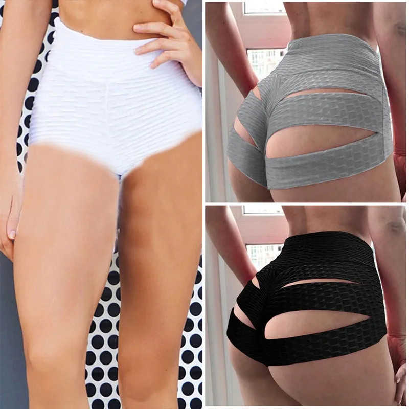 

High Waist Short Pants Women Sports Yoga Hot Pants Sexy Bubble Cloth Broken Hip Shorts Trousers Appeal Hollow Out Pants /40
