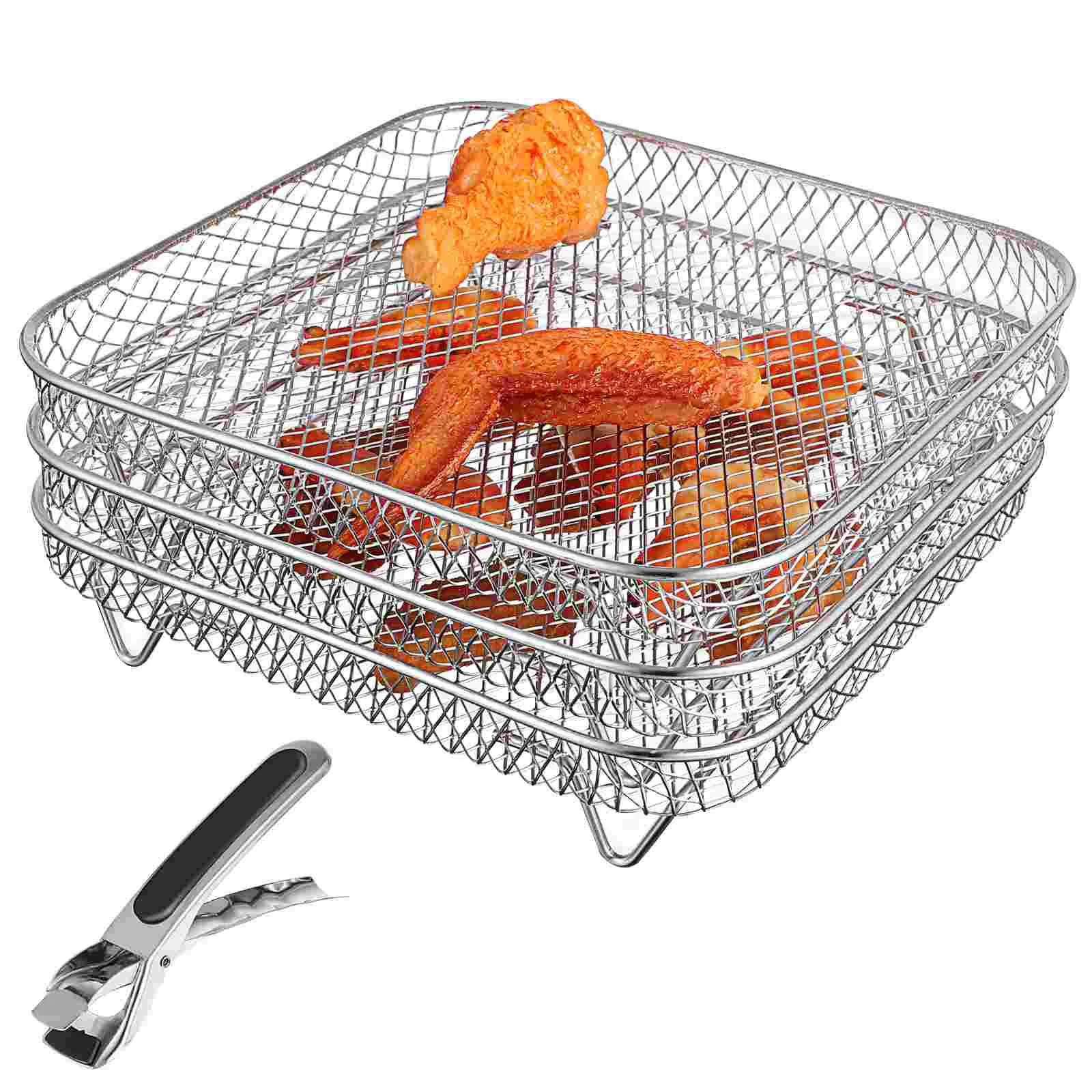 

3 Pcs Stainless Steel Stackable Dehydrator Multi-layer Square Air Fryer Tray Stands with Tong