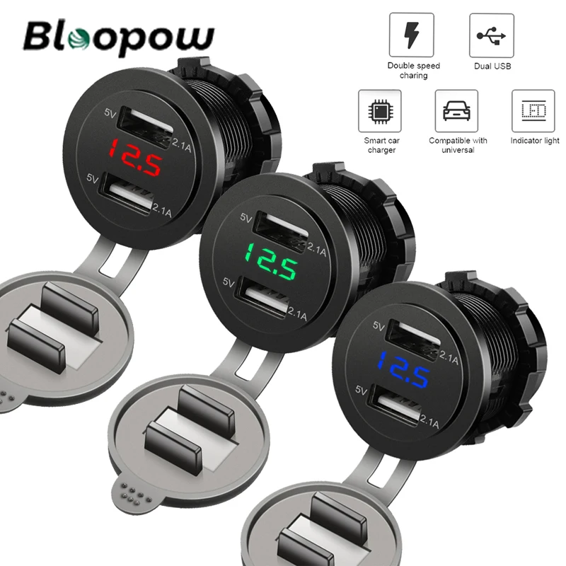 

Bloopow 4.2A Car Dual USB Charger Socket 12V 24V Fast Charging LED Voltmeter Splitter Adapter Car Cigarette Lighter