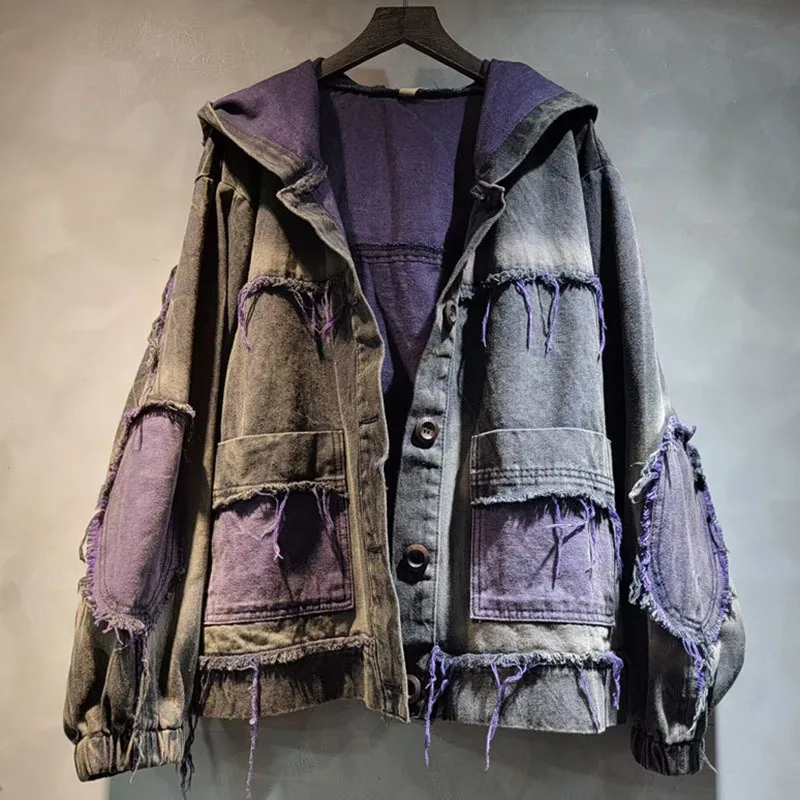 Женский джинсовый комплект из 2 предметов DEAT Свободное пальто с капюшоном