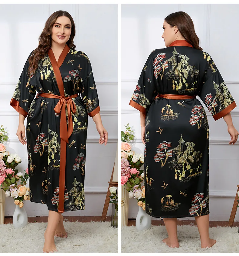 Plus Size Women Pajamas Satin Summer Light Luxury Ice Silk Cool Sense Long Bathrobe Soomth Loungewear Wedding Bride Kimono Robe