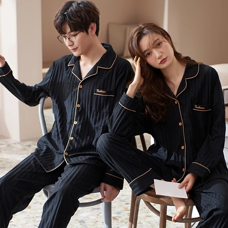 QUHENG Solid Color Sleepwear Cotton Pajamas Couple Set Long Buttons-Down Pyjamas Suit Pijama Women Men Loungewear Plus Size Set