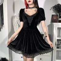 goth vintage gothic velvet black summer mall goth dresses aesthetic short sleeve women mini dress punk lace punk rave dress new