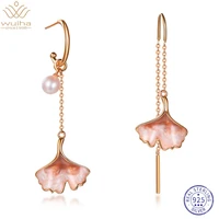 wuiha creative 925 sterling silver apricot leaves freshwater pearl asymmetric dangle drop earrings for women gift dropshipping