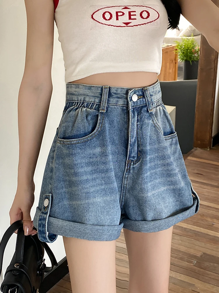 New Spring Summer Women Retro Loose Elastic Waist Blue Denim Shorts Streetwear Female Wide Leg Button Jeans Shorts