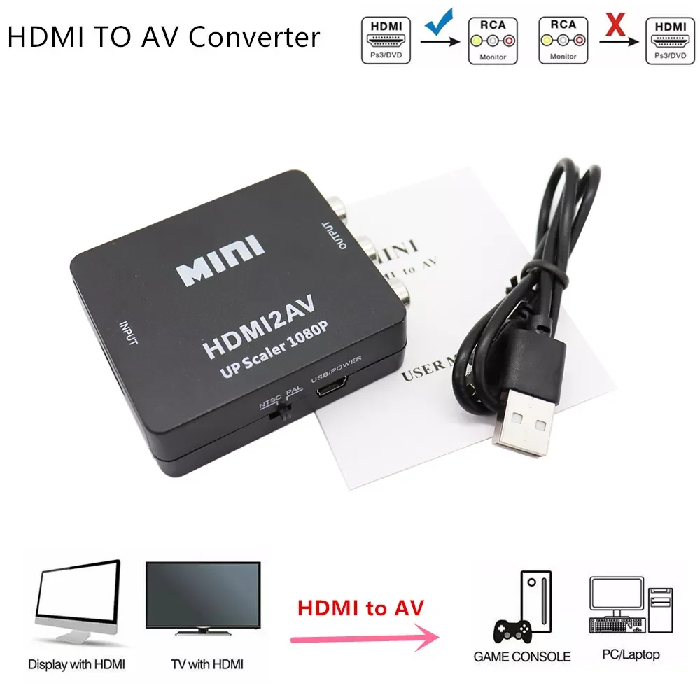 

HDMI-Compatible TO AV RCA CVSB L/R 1080P Scaler Converter Box HD Video Composite Adapter HDMI2AV Support NTSC PAL