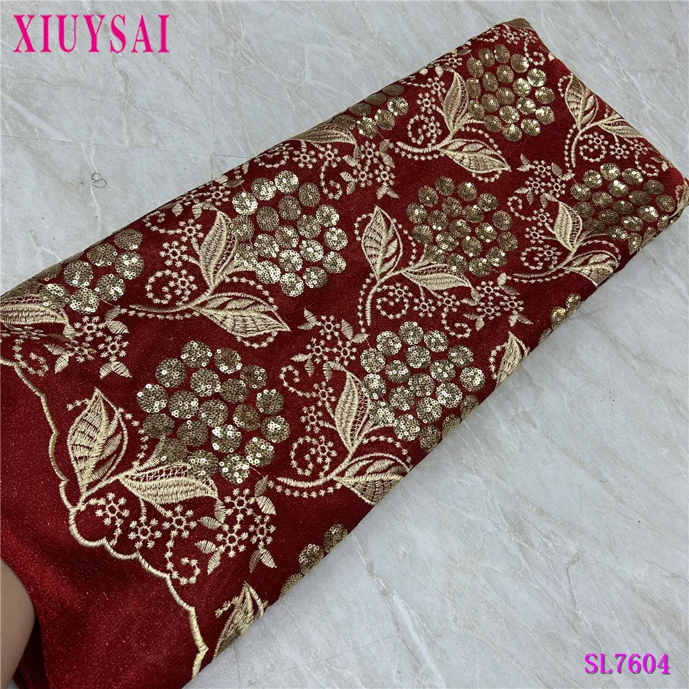 

African Velvet Sequined Lace Fabric 2024 High Quality Embroidery Nigerian French Mesh Lace Fabric For Sew Party Dresses