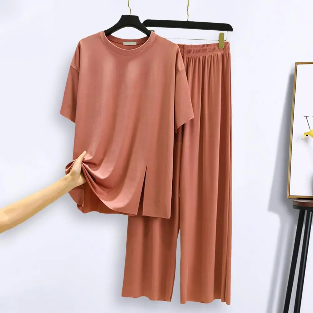 

2Pcs/Set O-neck Short Sleeve Pajamas Set Side Split Elastic Waistband Straight Wide Leg Women Ice Silk Ribbed T-shirt Pants Set