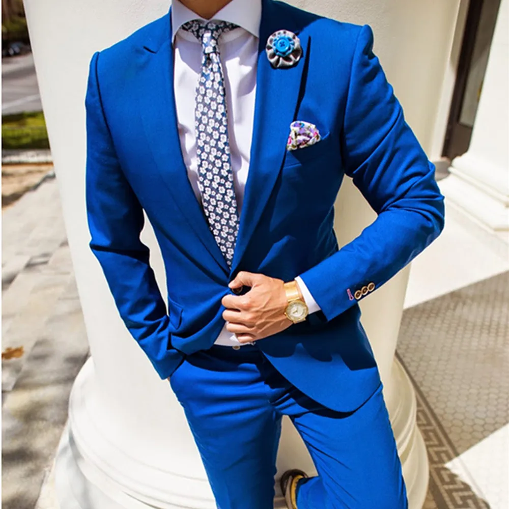 

Новое поступление, мужские костюмы Королевского синего цвета из 2 предметов, Индивидуальные свадебные смокинги для жениха, костюм для жениха, мужской пиджак + брюки