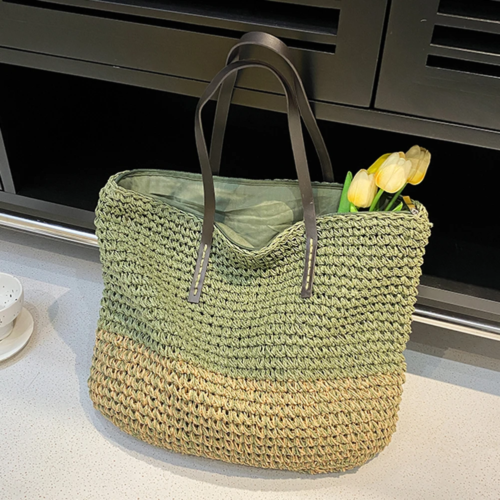 

Модная плетеная ручная сумка контрастных цветов, летние пляжные сумки-тоуты, вместительные повседневные Элегантные женские сумки через плечо, сумка для покупок