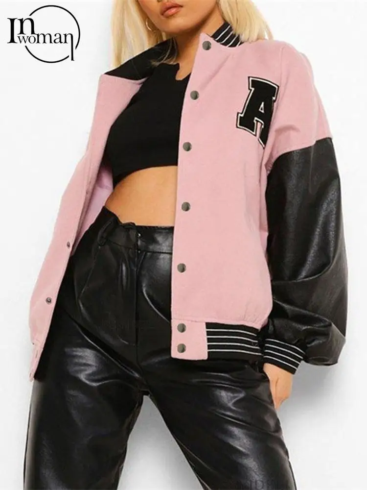 

Inwoman Autumn Letter Patchwork Varsity Jacket Casual Outfit For Women 2022 Long Sleeve Button Up Baseball Jacket Female Coat