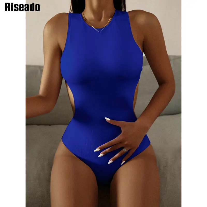 

Riseado, ребристые цельные женские купальники, новинка 2023, сексуальный купальник с вырезами, боди с высокой горловиной, одноцветная пляжная оде...