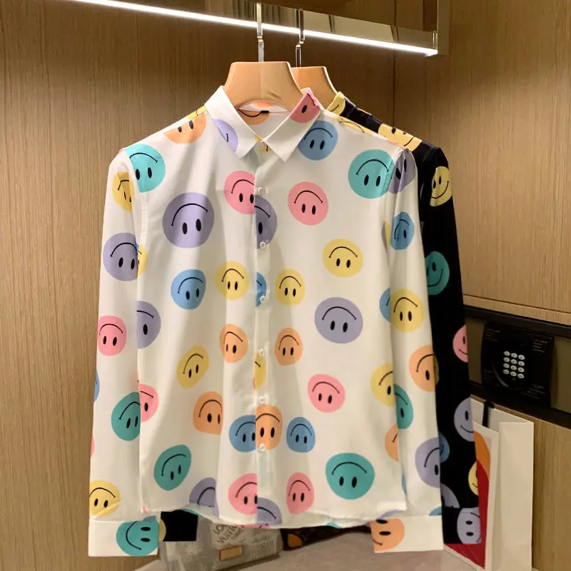 

Printed Shirts Men's Top 2023 Spring Autumn Korean Fashion New Long-sleeved Daisy Casual Loose Vintage Youth Shirt Trend E09
