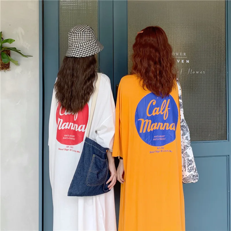 

DAYIFUN T-shirt Dress Loose Harajuku Three Quarter Sleeves Korean Fashion Oversized Top Female Clothes Print Straight Dresses