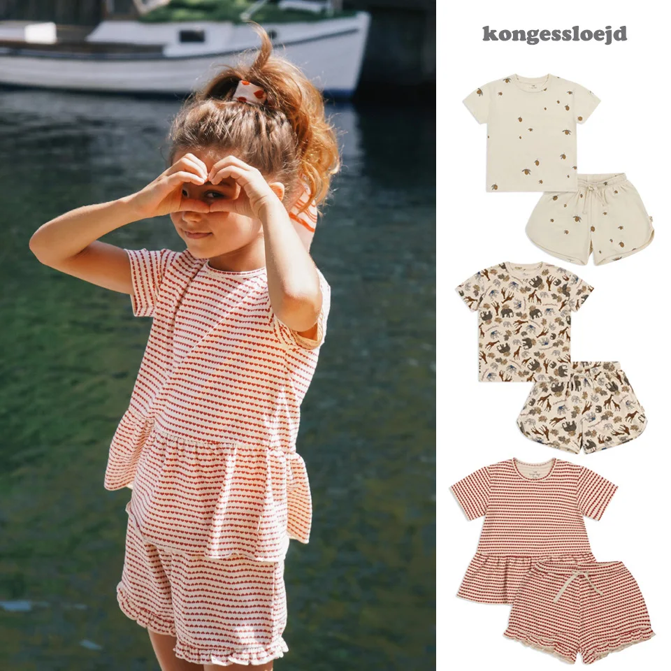 2023 KS Babay Boy Girl Clothing Set Children Short-sleeved Striped Suit Kid Lemon Animal Printing Top Shorts Summer Girl Clothes