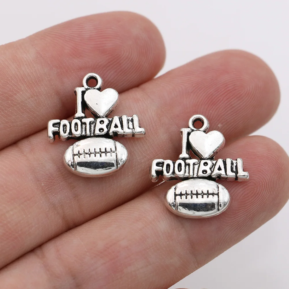 

10Pcs Antique Silver Plated I Love Football Charms Pendants for Jewelry Making Necklace DIY Handmade 21x18mm