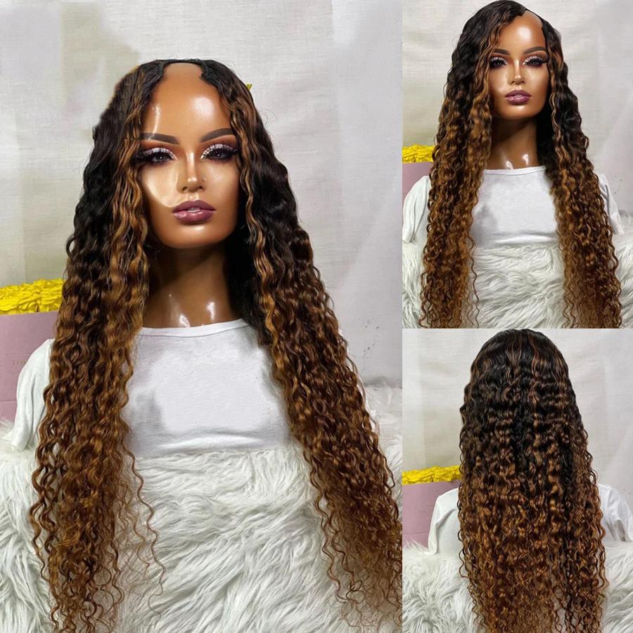 

Glueless 24 inch 150Density Kinky Curly U Part European Human Hair Wig Jewish Ombre Highlight Blonde Soft Wig For Black Women