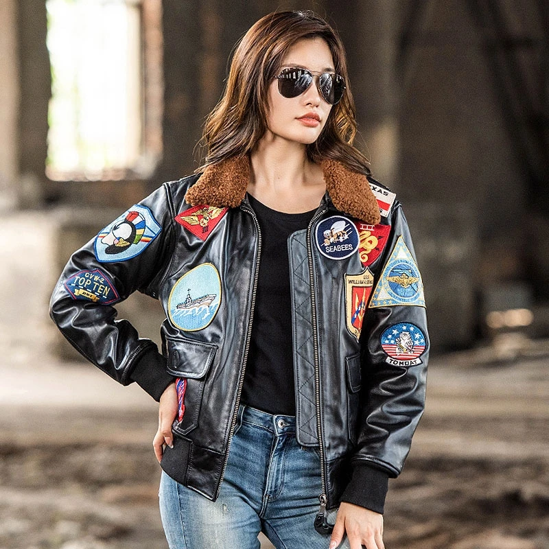 Black TOP GUN Maverick G1 Jacket Women Military Style Natural Thin Sheepskin Winter Warm Aviator Genuine Leather Coats