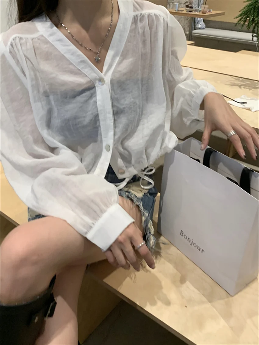 Женская Однотонная рубашка с V-образным вырезом на осень