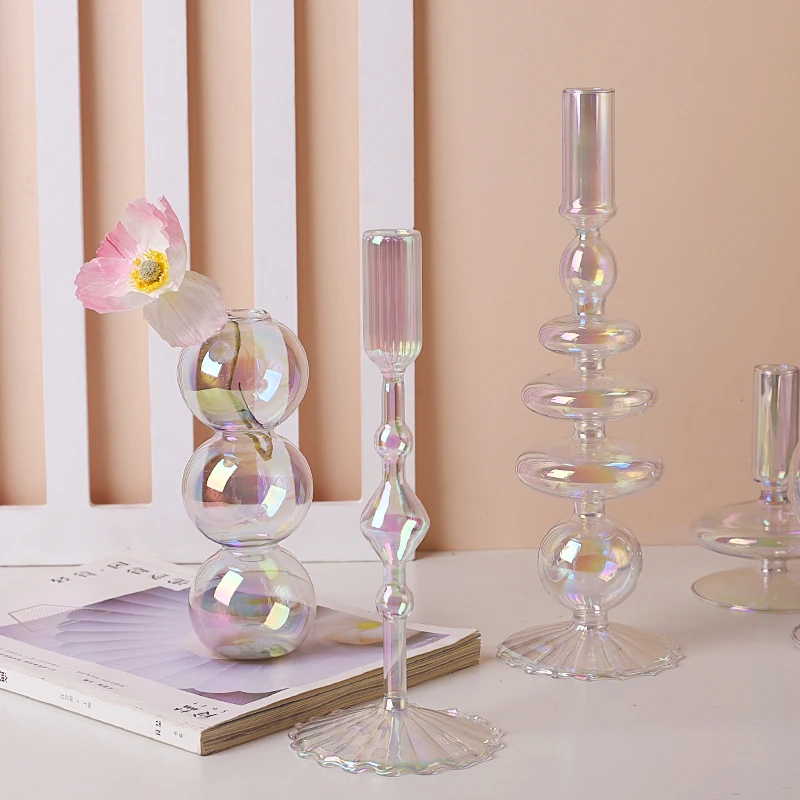 Glass Candle Holder Home Decor Nordic Rainbow Vase Flower Table Living Room Decoration Candlestick Holder for Wedding images - 6
