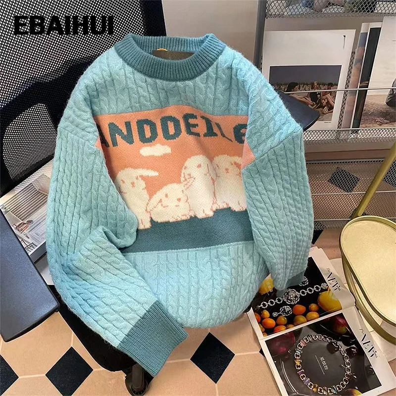 

EBAUIHUI Women Rabbit Print Sweater Retro Colorblock Kawaii Pullover Cute Cartoon Crew Neck Warm Oversize Sweatshirt Knitwear