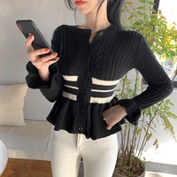 2022 women autumn winter sweaters striped cardigan knitted coat female newsplicing o neck elegant knit ruffled tops office lady