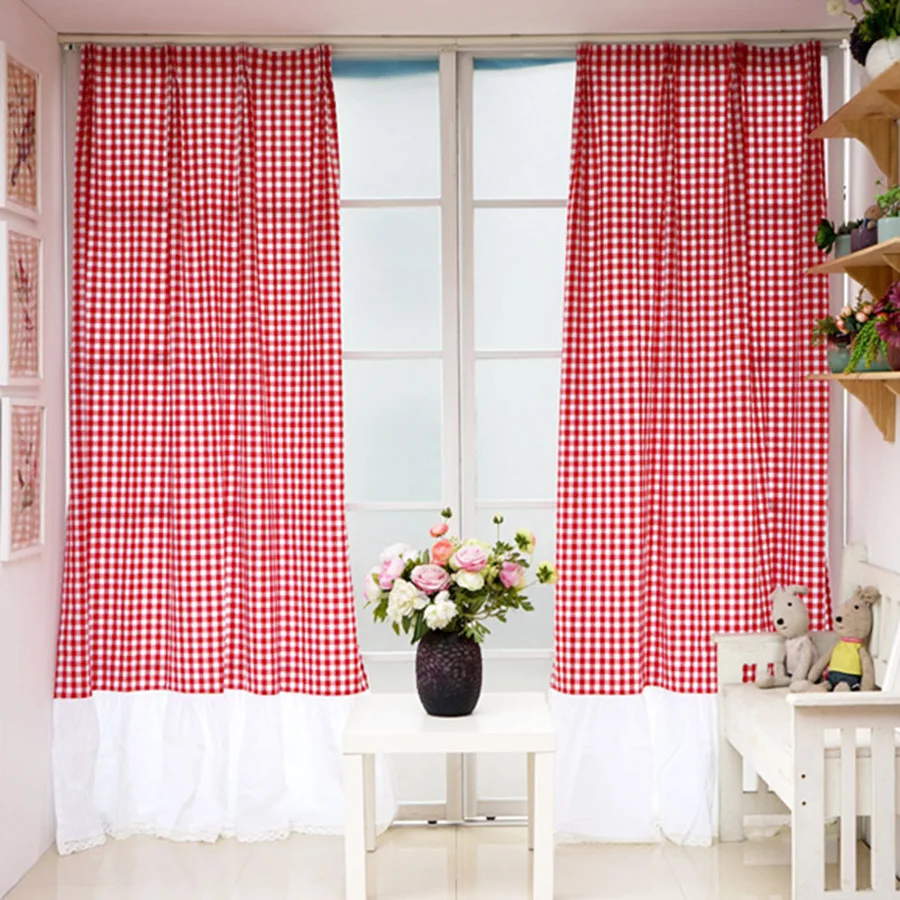 American Retro Idyllic Classic Red Plaid Ruffle Curtains For Bedoom  White Ruffles Princess Chambre Bebe Fille Window Drapes