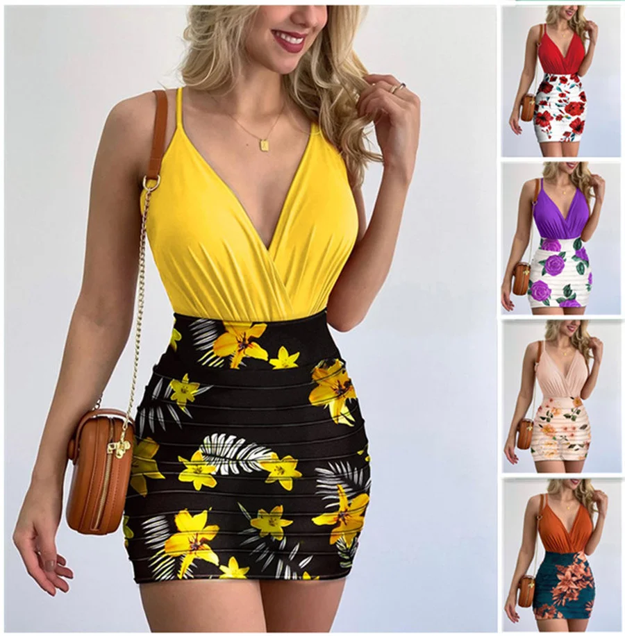 

Women Sexy Two Piece Dress Set Fashion V-neck Sleeveless Suspender Top Floral Print Tight Dress Suit Two Piece Set Women Dress