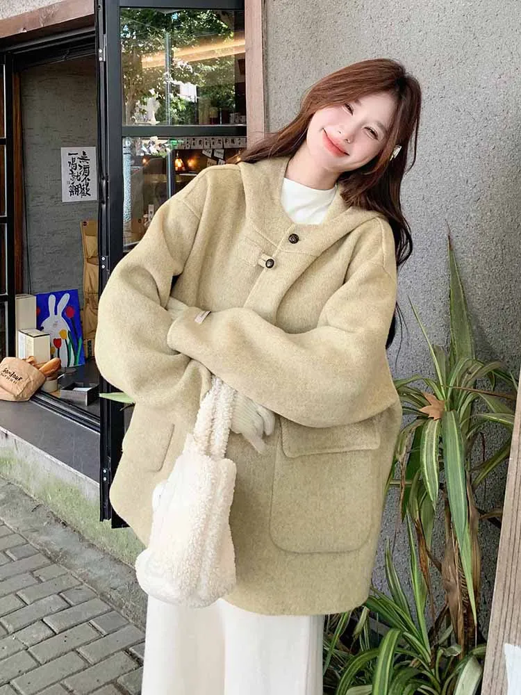 Двустороннее кашемировое пальто с капюшоном для женщин осень 2024 новая корейская