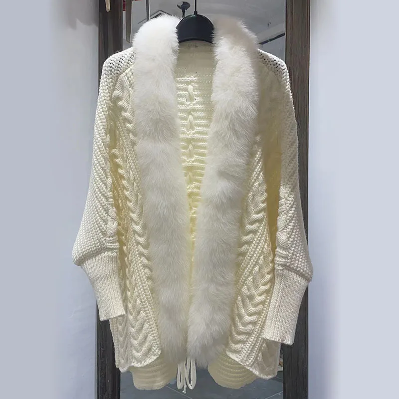 

Женский свободный вязаный кардиган с воротником из натурального Лисьего меха