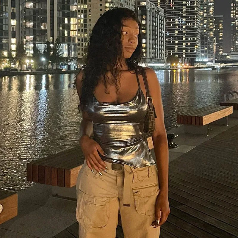 

Y2k Crops Tops 2023 Women Girls Silver Halter Camis Tank Casual High Street Sexy Backless Bustier Clubwear Pullover