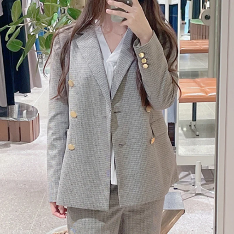 

Женский двубортный пиджак в клетку, повседневный пиджак с лацканами и длинным рукавом, Осень-зима 2023