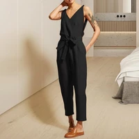 women jumpsuit solid color loose type sleeveless deep v neck lace up jumpsuit summer romper female clothes