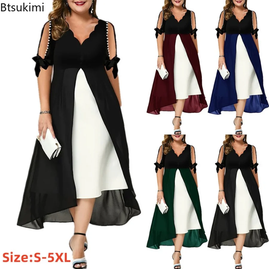 

2023 Women's Summer Fake Two Pieces Splicing Dress Elegant Geometric Patchwork Dress Women Half Sleeve Evening Club Midi Dress