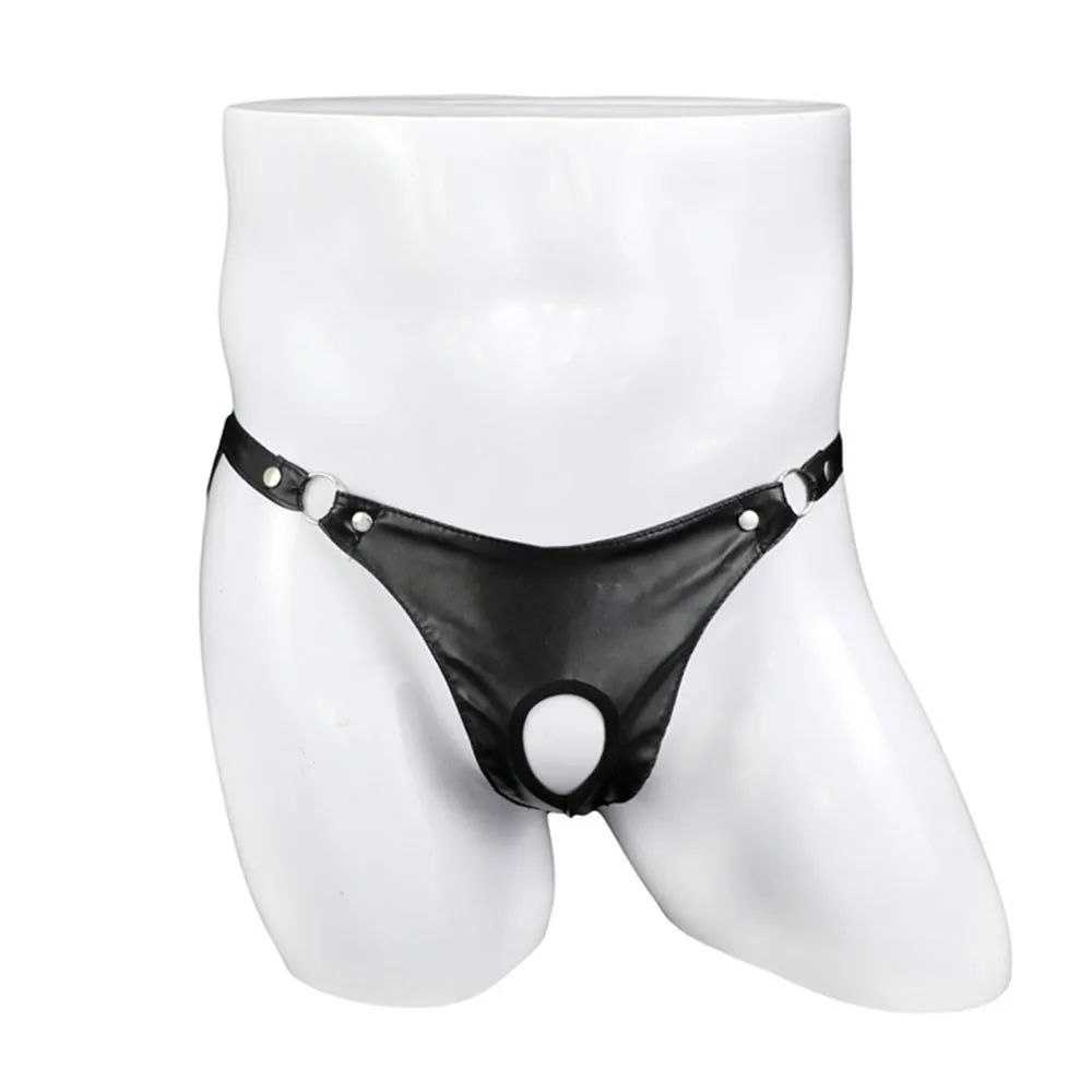 

Penis Hole Underwear Artificial Leather Panties Metal Ring Backless Thong Men Exposed Buttocks Hollow Underpants Jockstrap Brief