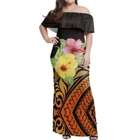 large size womens dress polynesian tribe flag printing hibiscus flower clothing ethnic style frill off shoulder dress summer