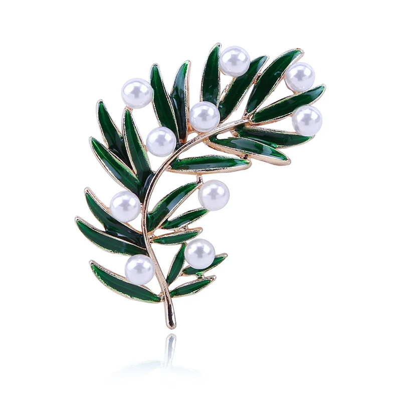 

Plant Green Enamel Pearl Leaf Brooches For Women Branches Party Office Brooch Pins New Year Gifts Lady Accessories