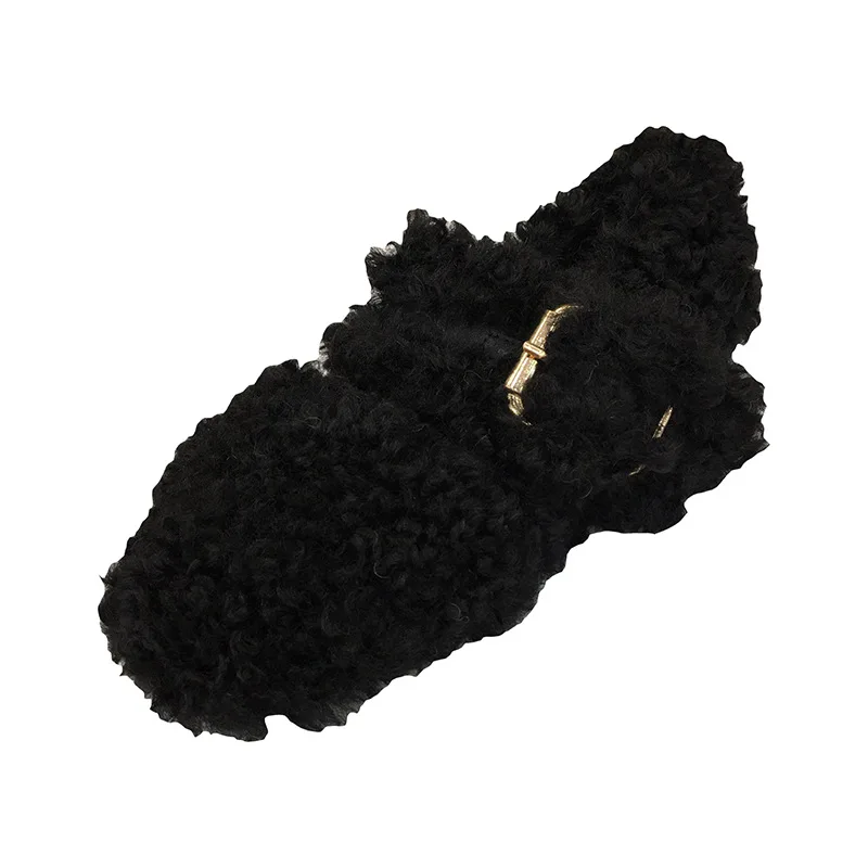 Woman Metal Buckle Band Furry Ladies Winter Shoes Plush Loafers Sheep Fur Moccasins Warm Curly Lamb Wool Flats