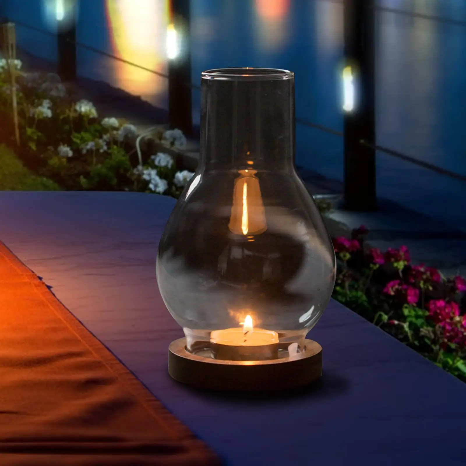 Canlde Lantern Lampshade with Wood Base Glass Lamp Shade for Living Room Camping