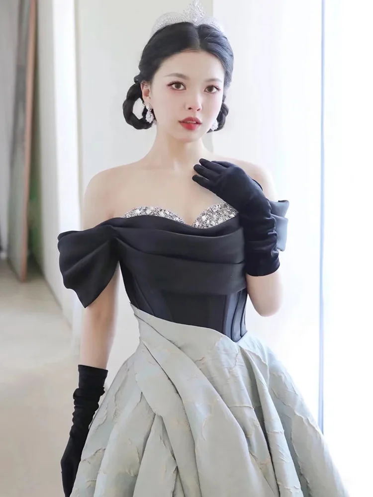Black Velour Cheongsam Elegant Off Shoulder Qipao Fairy Pleated Dress Retro Sexy High Split Celebrity Banquet Gown Robe De Soire