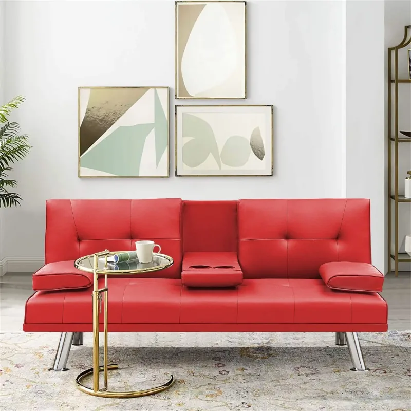 

Диван-кровать Aukfa кожаный футон, 2 держателя для чашек, двойной размер, красный диван-стул