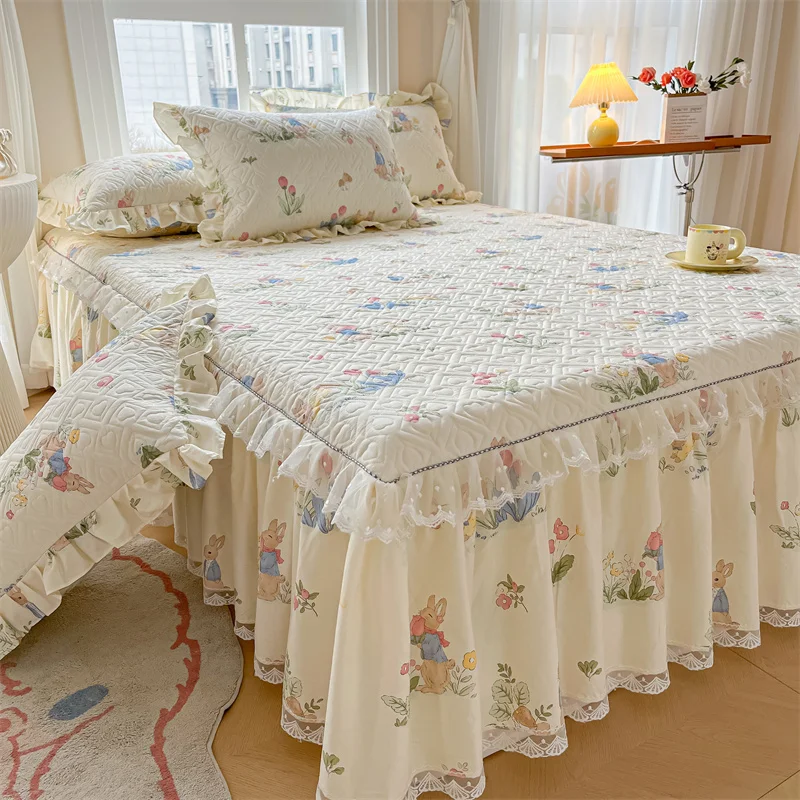 High-End Princess Sle Cotton Printing Clip Bed Skirt Three-Piece Four Seasons Universal Single Bedding